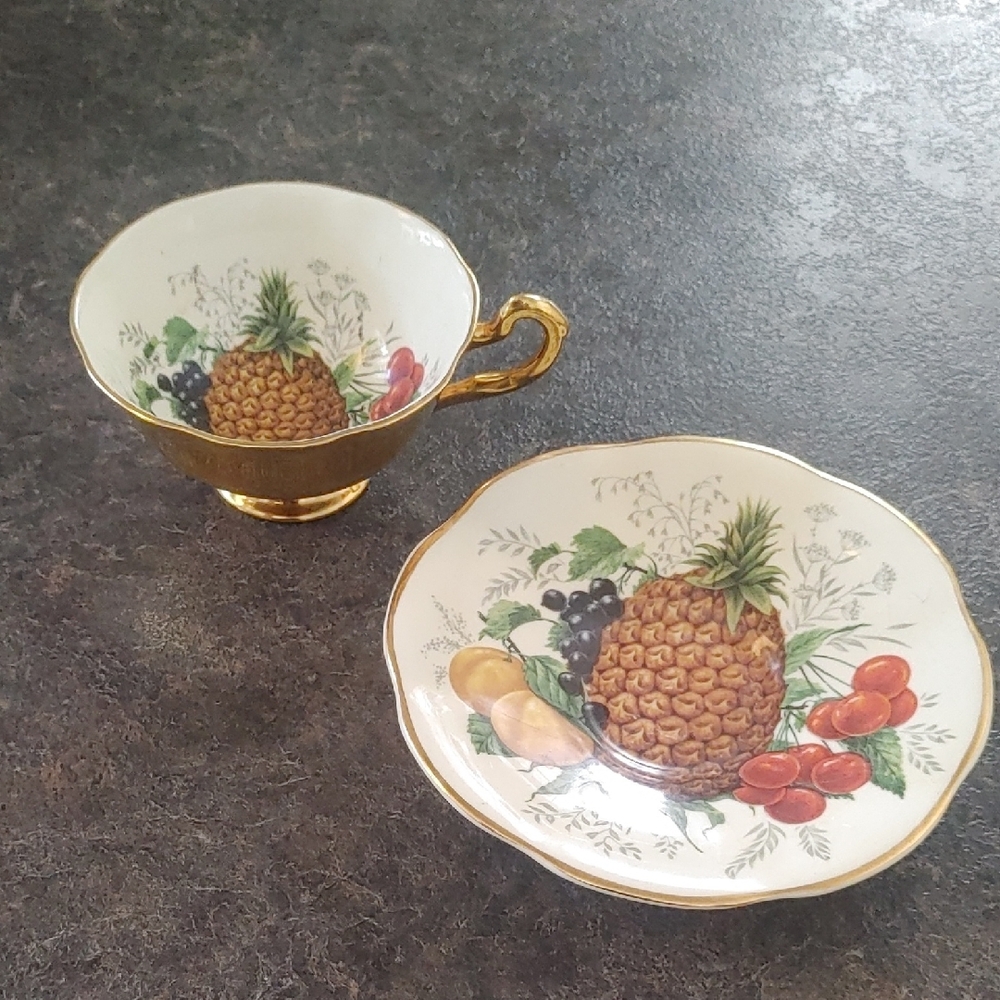 Elegant Gold and Cream Pineapple Currant Apricot Cherry Teacup and Saucer Set